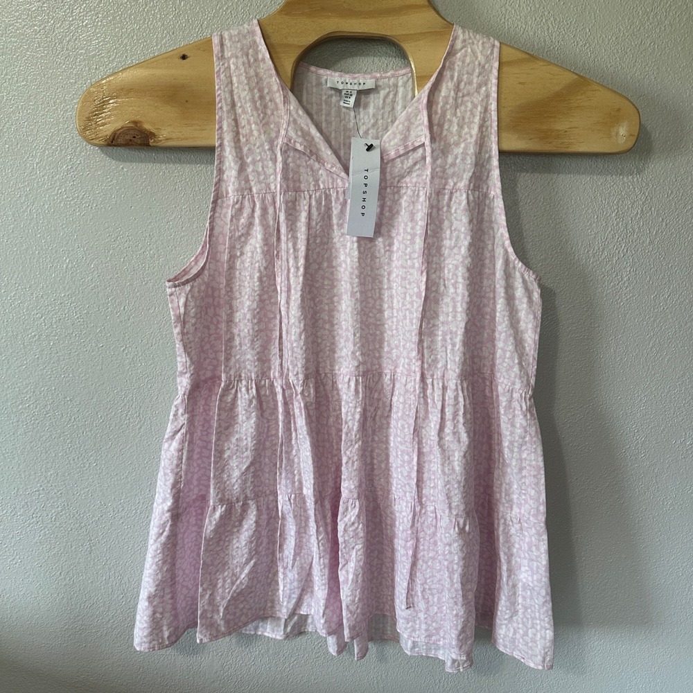 NEW Topshop Tiered Tank Top Sleeveless VNeck Pink Striped Cotton Womens Size 8